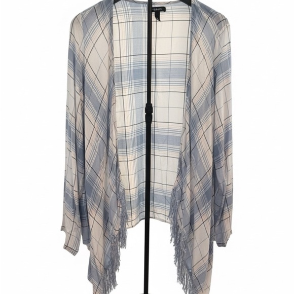 torrid Sweaters - Torrid Blue and White Plaid Fringe Cardigan